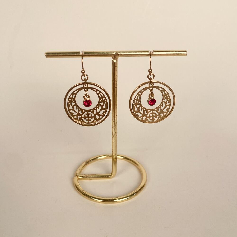 Red Gemstone Gold Tone Dangly Earrings